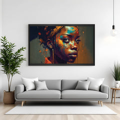 Framed canvas of African girl with artistic paint splashes in bold colors, black floater frame, perfect for statement walls and modern decor