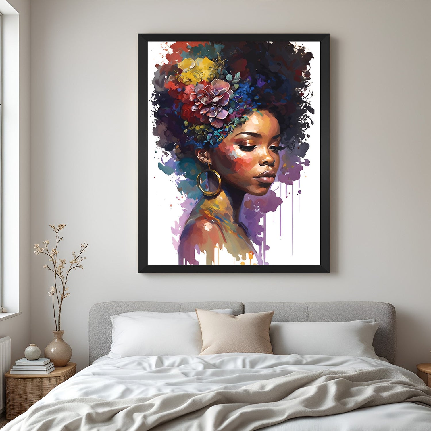 Framed canvas of African girl’s face in painted artistic style on white canvas with black floater frame, ideal for modern Afrocentric spaces