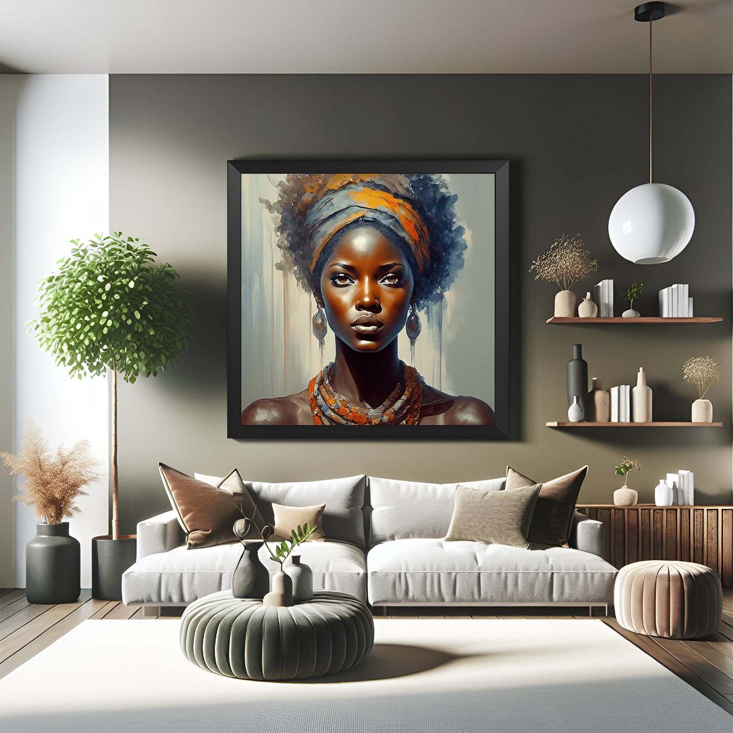 Framed canvas showing the close-up of a tribal African girl with deep expression and cultural detail, in a sleek black floater frame