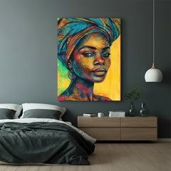 Canvas wall art featuring an African girl wearing a turban, painted in a bold and expressive style, ideal for modern ethnic interiors