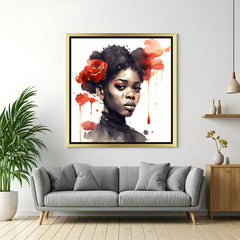 Golden-framed canvas wall art featuring African woman in painted watercolor style on white canvas, designed for elegant and calm settings