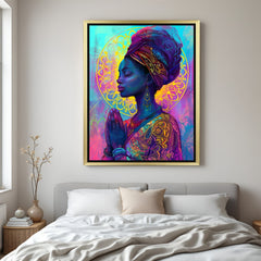 Golden-framed wall art of praying African girl with radiant, spiritual-themed background for soulful and artistic spaces