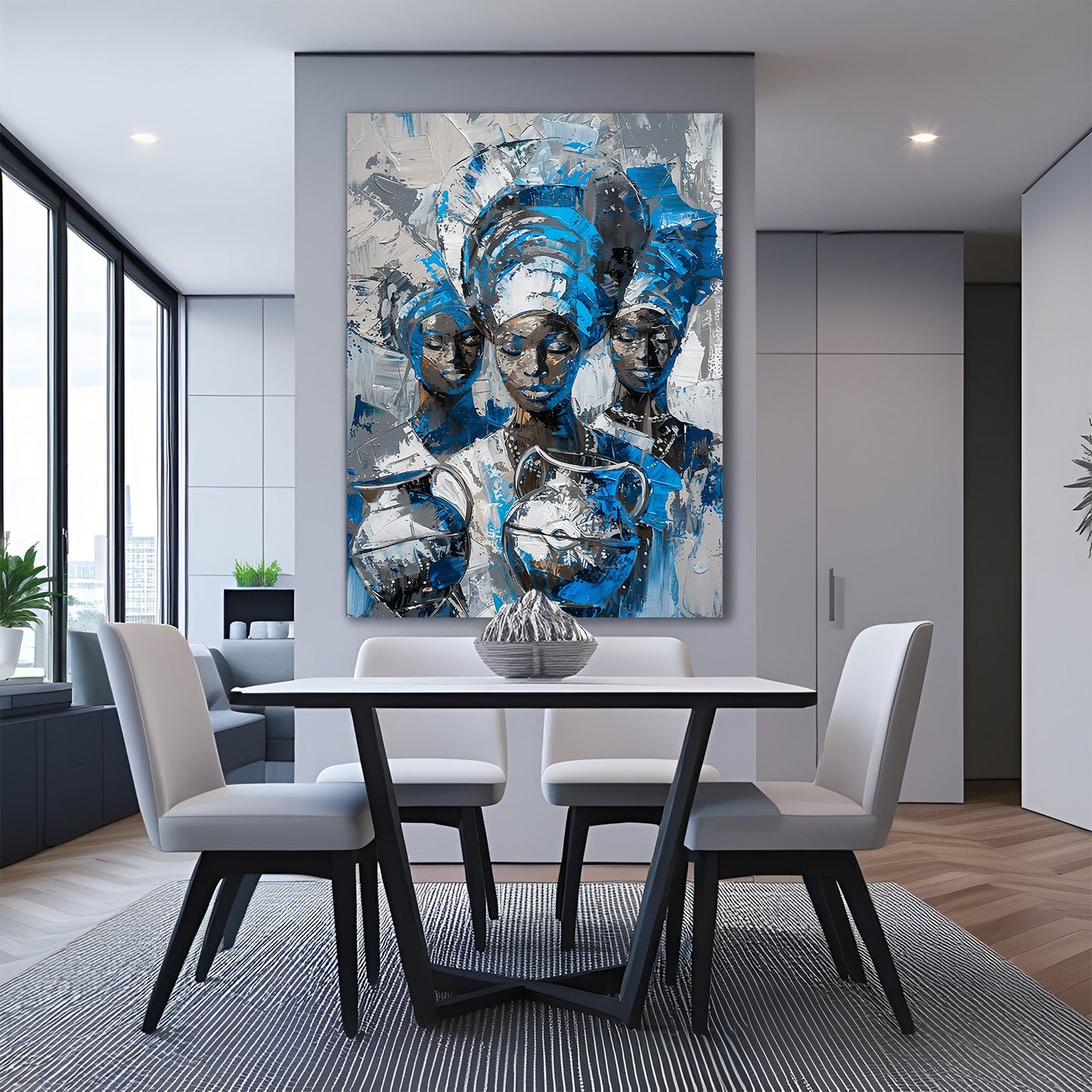 Canvas wall art of a group of African tribal figures illustrated in blue and white, symbolizing unity and tradition for cultural interiors