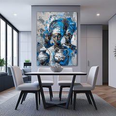 Canvas wall art of a group of African tribal figures illustrated in blue and white, symbolizing unity and tradition for cultural interiors