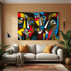 Canvas wall art of a group of African tribal people in traditional clothing with cool artistic colors, ideal for ethnic and cultural home interiors