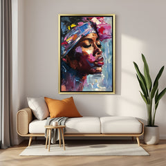 Golden-framed canvas wall art of African woman in side profile, painted in artistic abstract style, perfect for cultural and modern home decor
