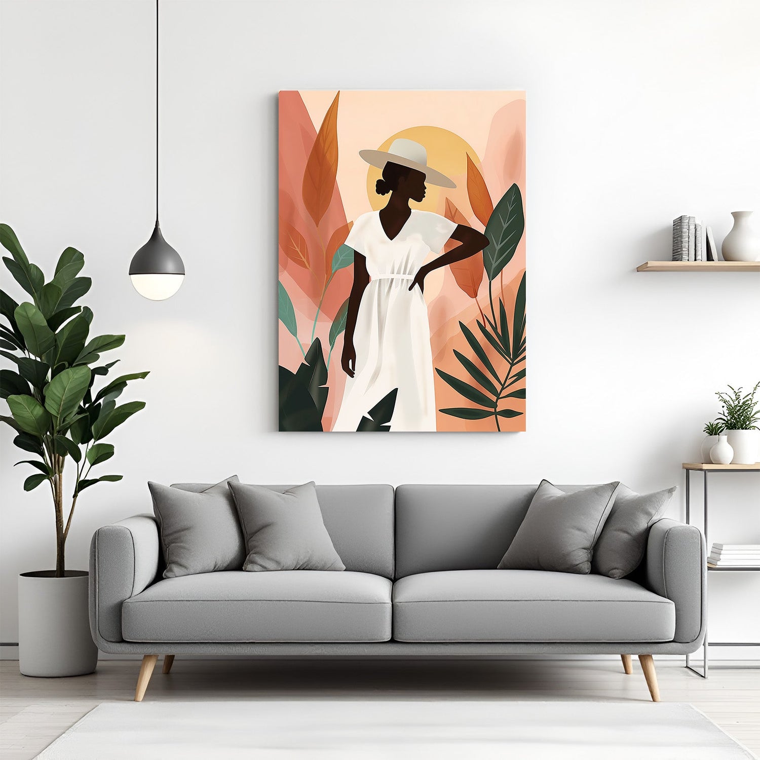 Canvas wall art of an African woman in bohemian-inspired style with earthy tones and cultural accessories, perfect for modern ethnic home decor
