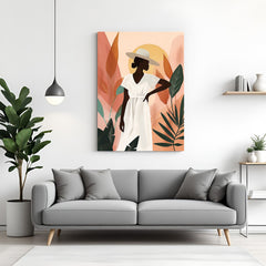 Canvas wall art of an African woman in bohemian-inspired style with earthy tones and cultural accessories, perfect for modern ethnic home decor