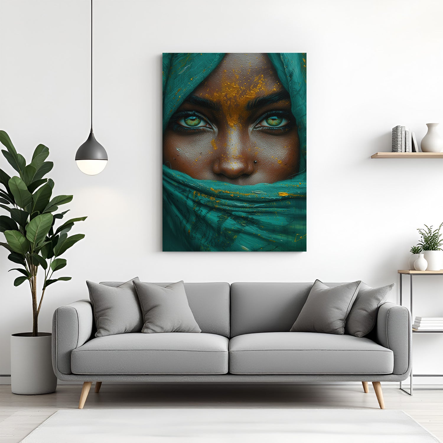 Canvas wall art showing a zoomed African woman’s face covered with cloth, revealing only her eyes and nose, perfect for emotional and ethnic decor