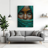 Canvas wall art showing a zoomed African woman’s face covered with cloth, revealing only her eyes and nose, perfect for emotional and ethnic decor