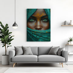 Canvas wall art showing a zoomed African woman’s face covered with cloth, revealing only her eyes and nose, perfect for emotional and ethnic decor