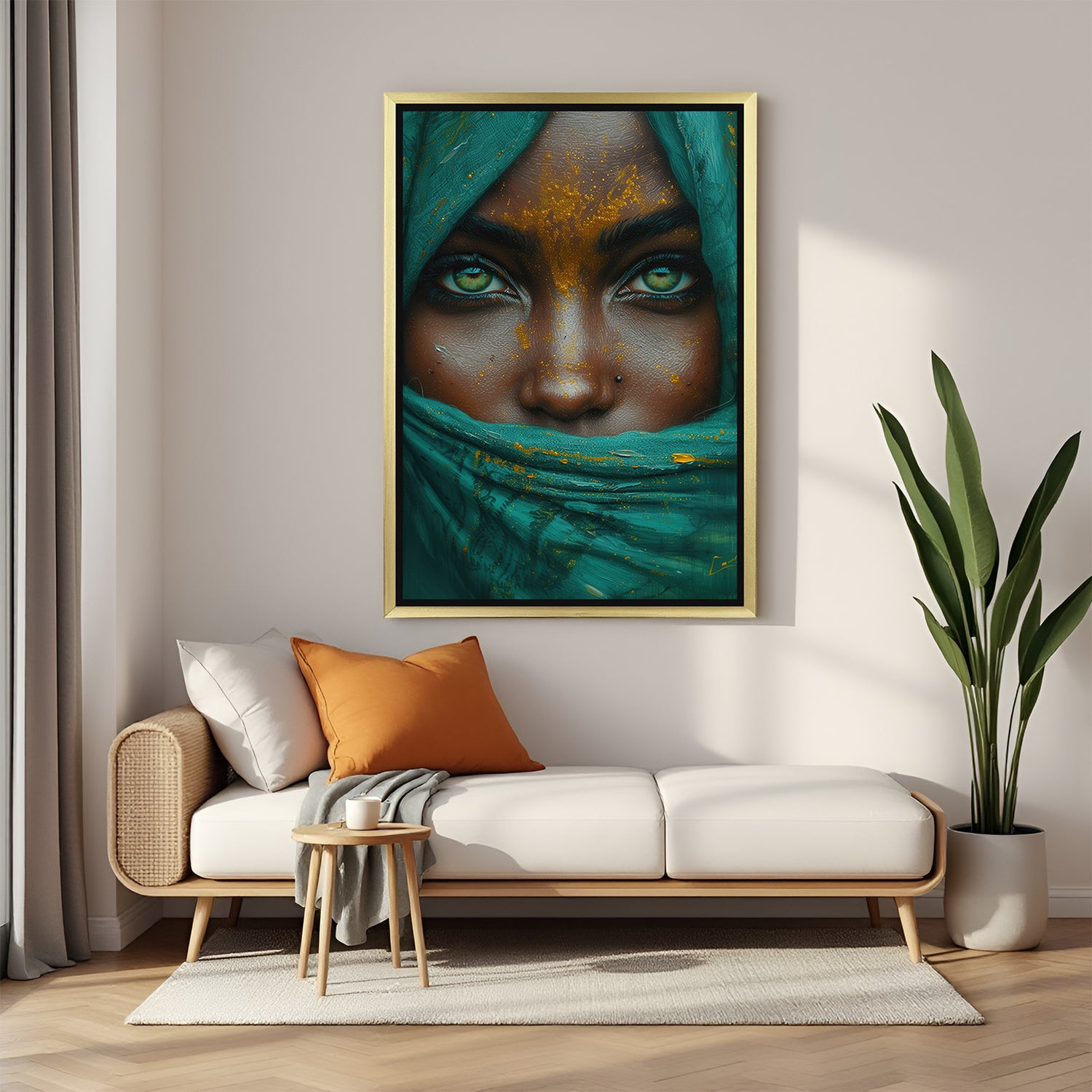 Golden-framed canvas of African woman’s covered face, highlighting her eyes and nose in a beautiful cultural portrait for classy Afro interiors