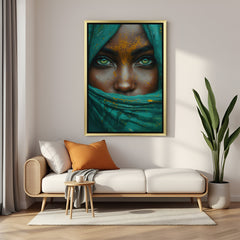 Golden-framed canvas of African woman’s covered face, highlighting her eyes and nose in a beautiful cultural portrait for classy Afro interiors