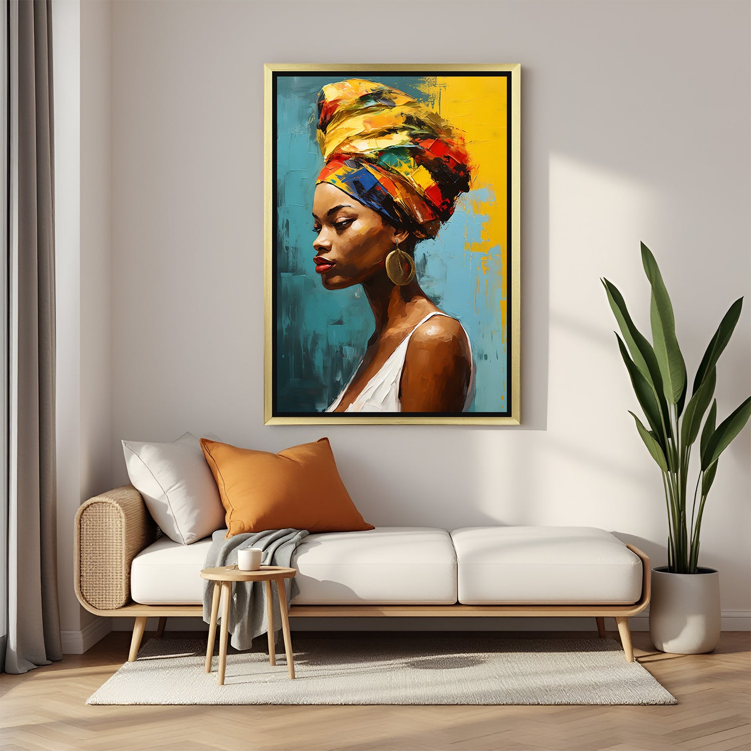 African woman canvas wall print in golden floater frame – elegant modern touch