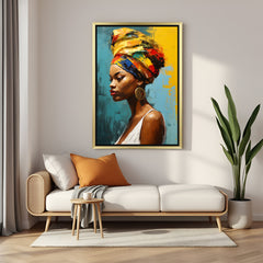 African woman canvas wall print in golden floater frame – elegant modern touch