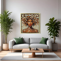 Golden-framed wall art showing African woman with structured square hair design—perfect for elegant, culturally inspired, and modern wall spaces