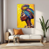 Canvas wall art featuring an African woman wearing a turban with a yellow background in painting style, perfect for ethnic and artistic decor