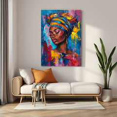Canvas wall art of African women in colorful abstract painted style with traditional headwraps and bold patterns for modern ethnic decor