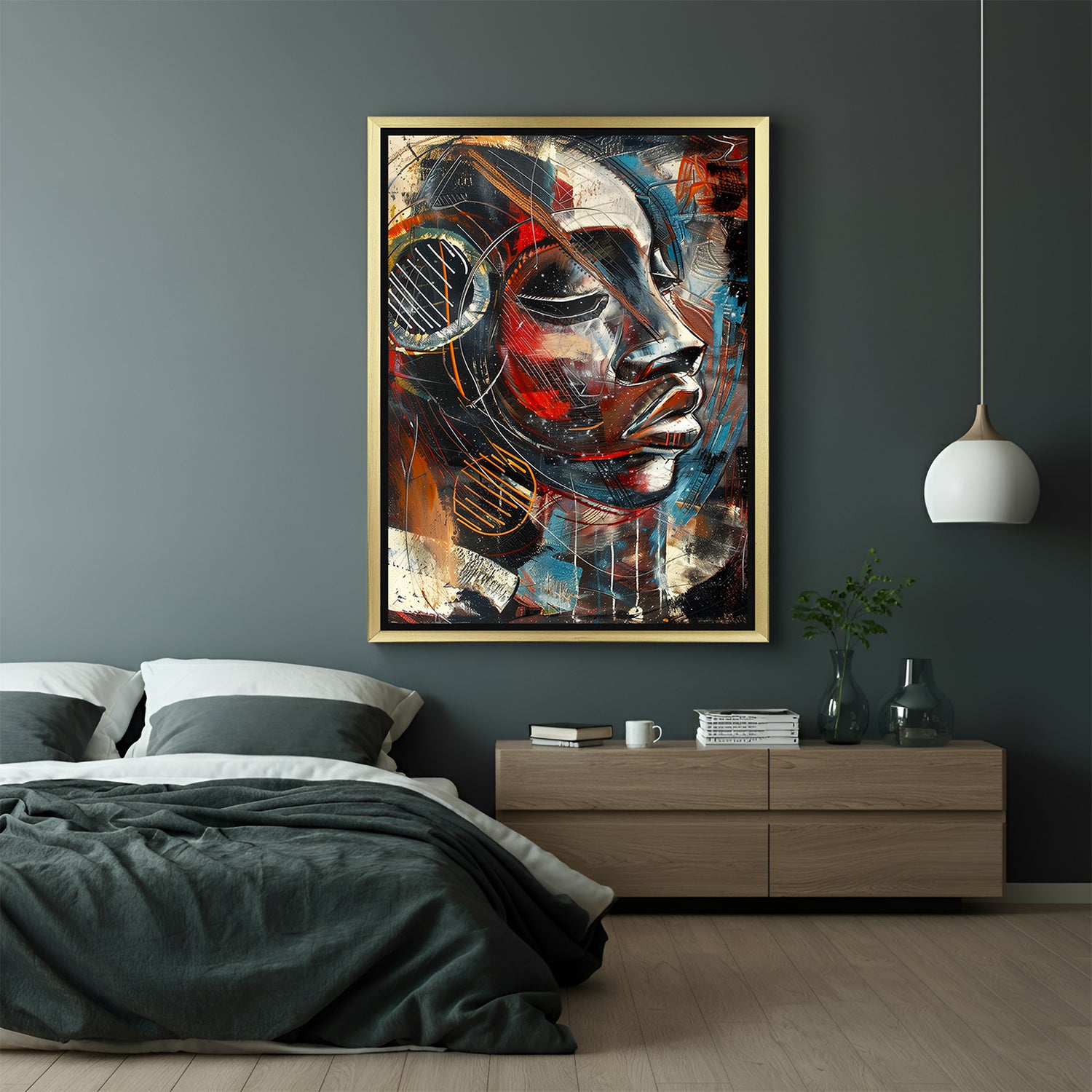 Golden-framed canvas featuring a cultural astronaut portrait of African man, perfect for futuristic and Afro-themed interiors