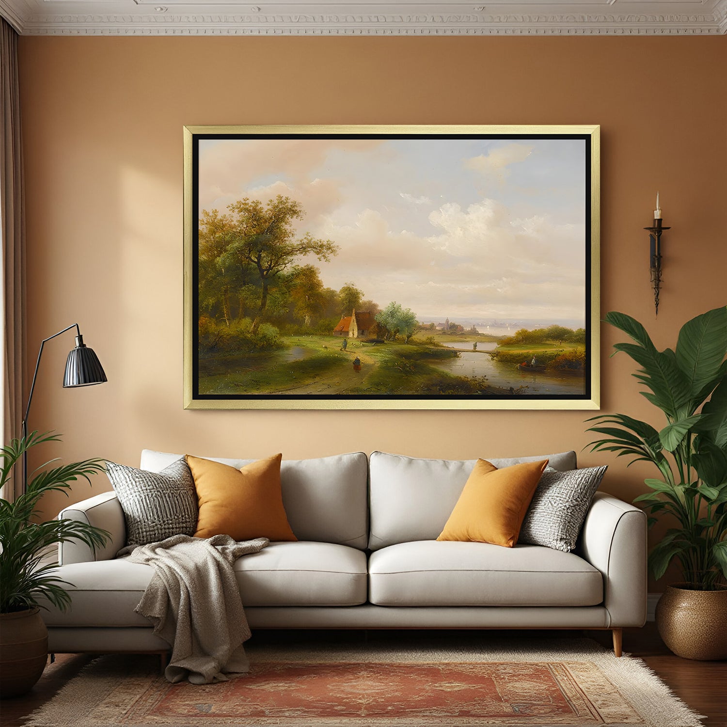 Golden-framed vintage wall art of village houses and scenery—faded antique canvas decor