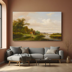 Aged village scene printed on vintage canvas—rural rustic life captured in ancient-style wall art