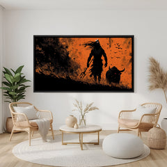 Mahadev and Nandi silhouette artwork with fiery orange backdrop in elegant black floater frame