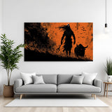 Silhouette of Lord Shiva with Trishul beside Nandi the bull against a fiery orange background in premium canvas wrapped frame