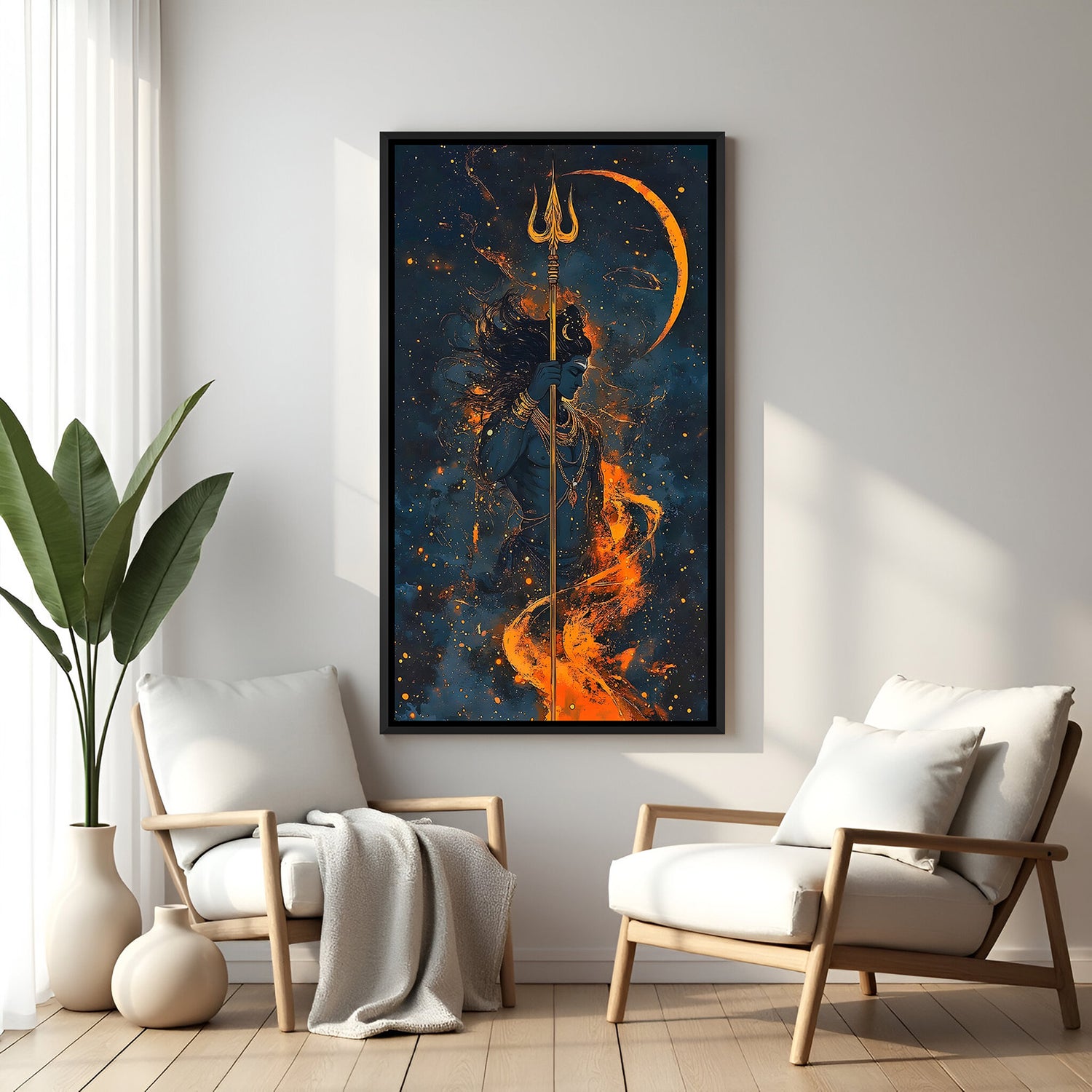 Cosmic Mahadev fire artwork with crescent moon in elegant black floater frame