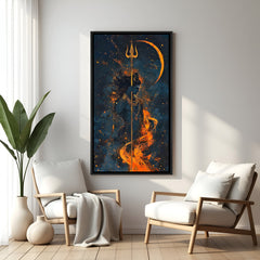 Cosmic Mahadev fire artwork with crescent moon in elegant black floater frame