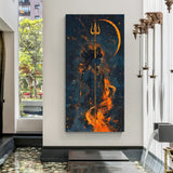Lord Shiva holding a Trishul against starry fire and crescent moon canvas wall art in premium canvas wrapped frame