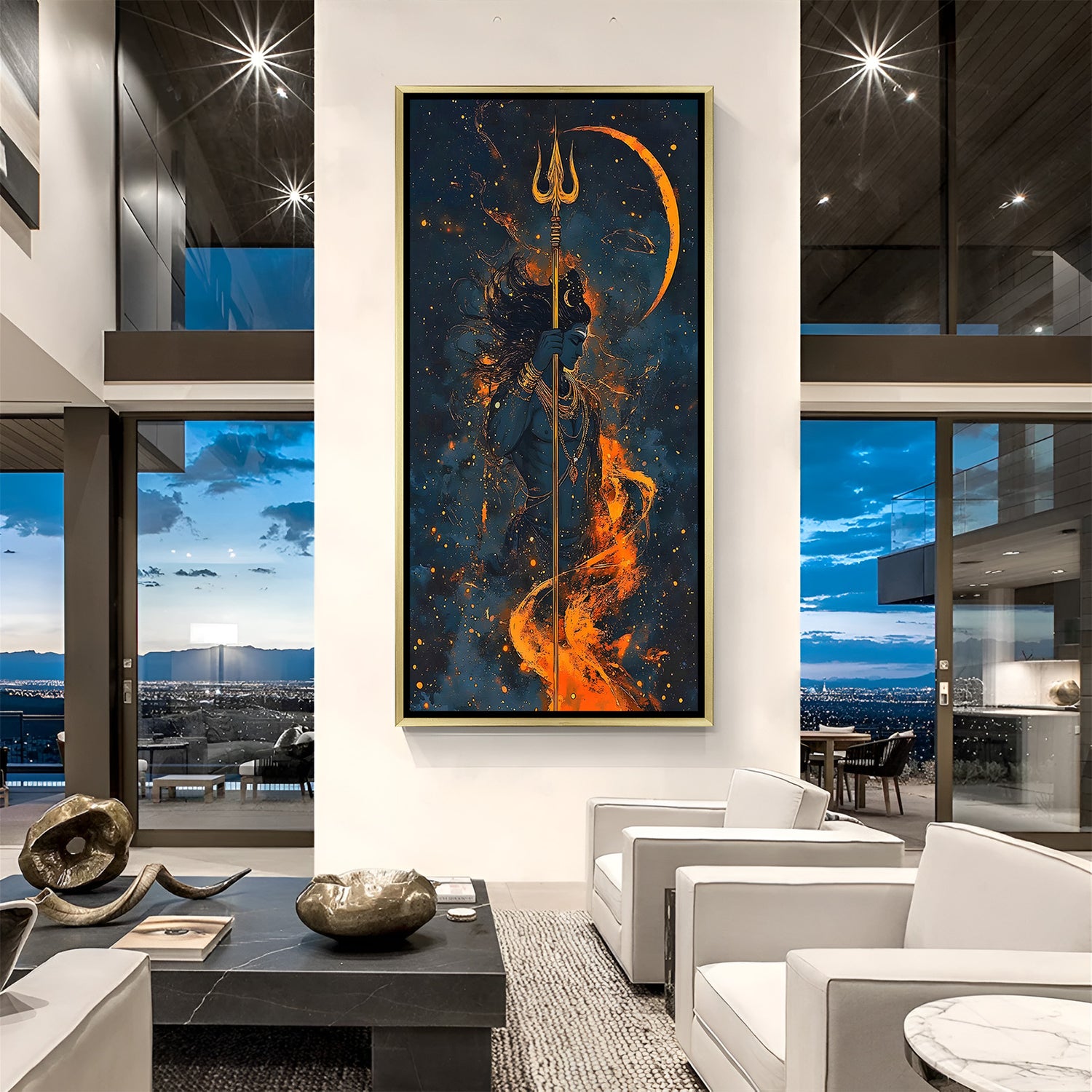 Lord Shiva cosmic canvas painting with starry flames and crescent moon in luxurious golden floater frame
