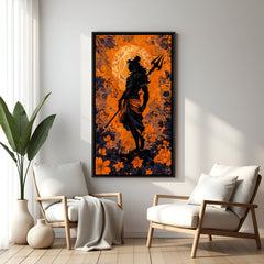 Mahadev silhouette with Trishul against floral orange background in elegant black floater frame