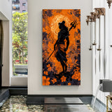 Silhouette of Hindu deity holding trishul against orange floral background canvas wall art in premium canvas wrapped frame