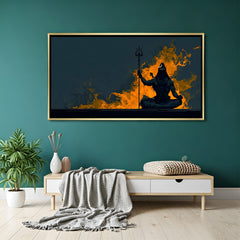 Mahadev meditation canvas painting surrounded by fiery orange flames in luxurious golden floater frame