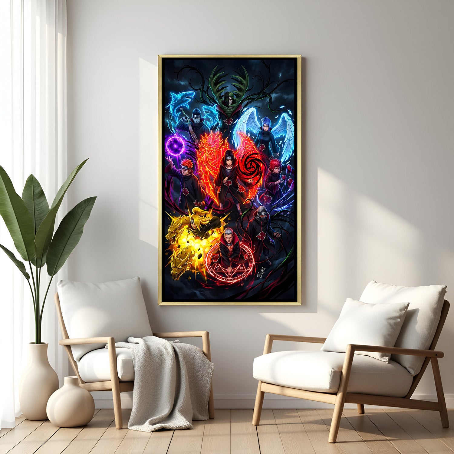 Akatsuki Team Naruto wall art in luxury golden floater frame with anime villain design