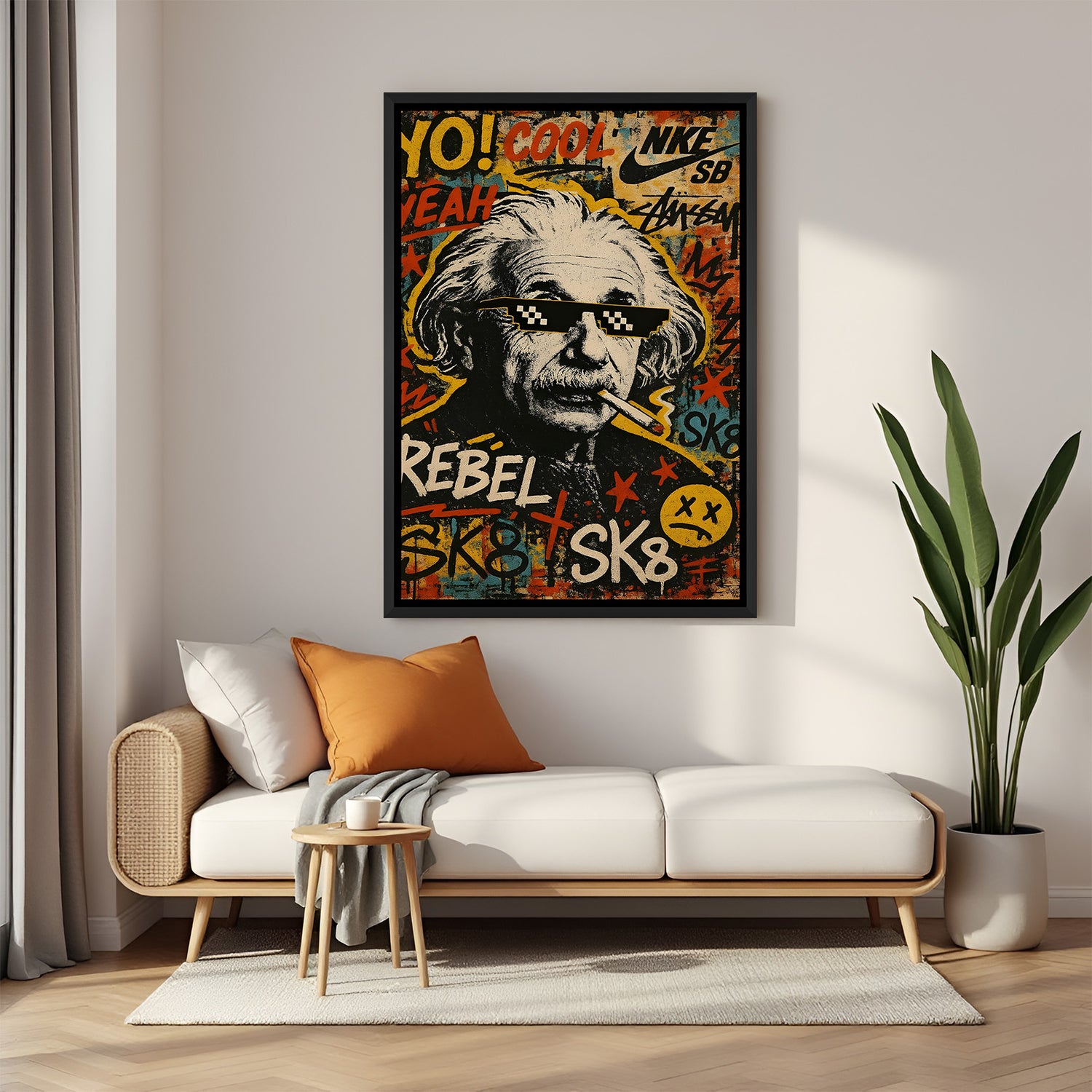 Albert Einstein modern canvas wall painting in elegant black floater frame for interiors