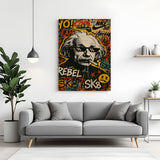 Modern art canvas featuring Albert Einstein face in canvas wrapped frame with artistic styling