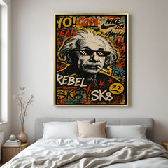 Modern Einstein face canvas artwork in luxury golden floater frame with artistic finish