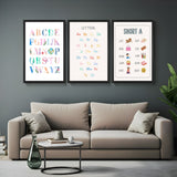 Set of 3 kids alphabet canvas wall art prints featuring A–Z letters, capital & small letters side by side, and short A words like cat, bag, jam – ideal for learning decor