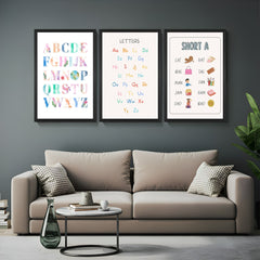 Set of 3 kids alphabet canvas wall art prints featuring A–Z letters, capital & small letters side by side, and short A words like cat, bag, jam – ideal for learning decor