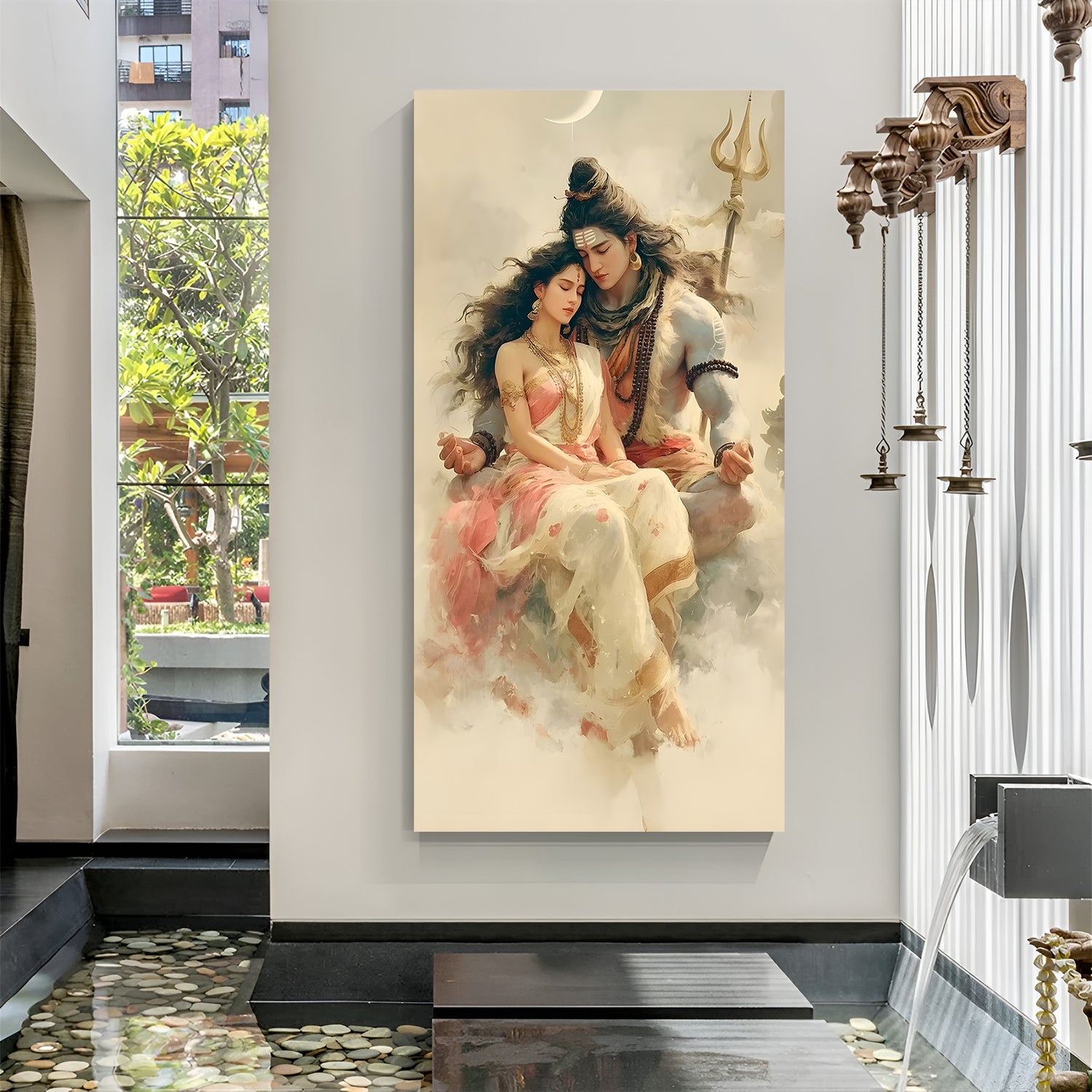 Lord Shiva and Goddess Parvati seated together in a celestial cloud-like atmosphere canvas wall art in premium canvas wrapped frame