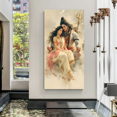 Lord Shiva and Goddess Parvati seated together in a celestial cloud-like atmosphere canvas wall art in premium canvas wrapped frame
