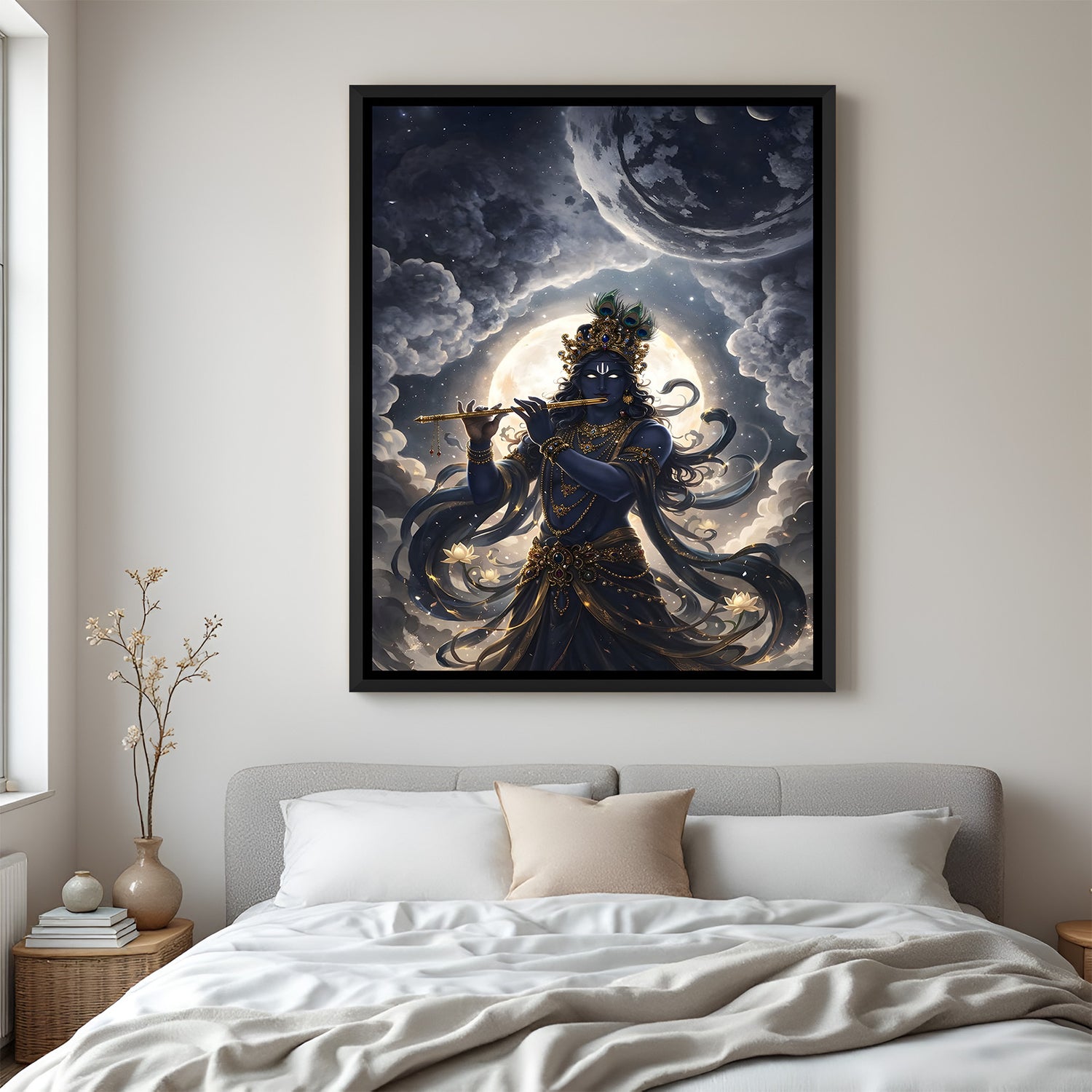 Cosmic Lord Krishna flute artwork in elegant black floater frame with celestial spiritual theme