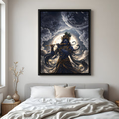 Cosmic Lord Krishna flute artwork in elegant black floater frame with celestial spiritual theme