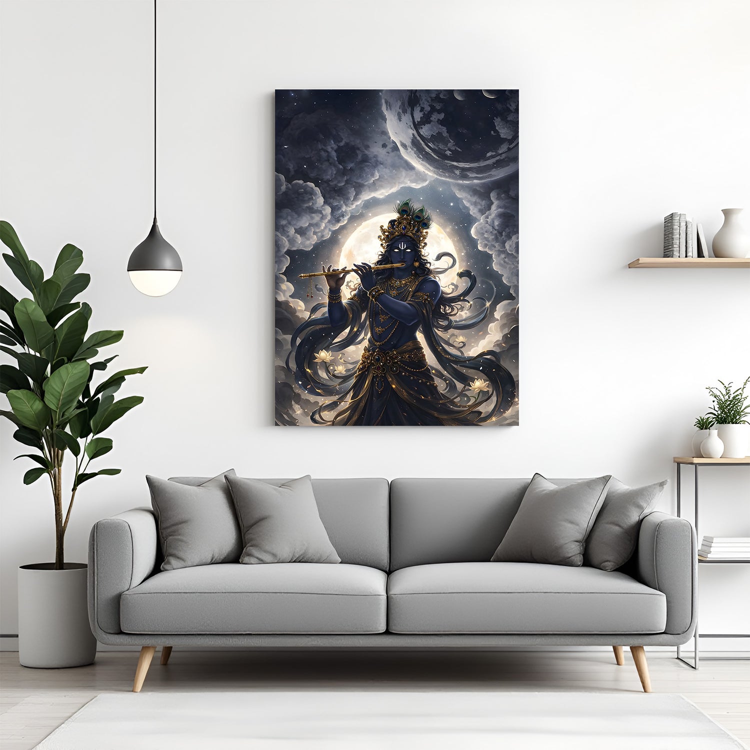 Lord Krishna playing flute against a cosmic universe background canvas wall art in premium canvas wrapped frame