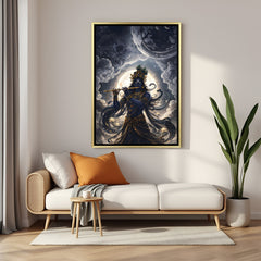 Divine Krishna cosmic flute canvas painting in luxurious golden floater frame with celestial universe design