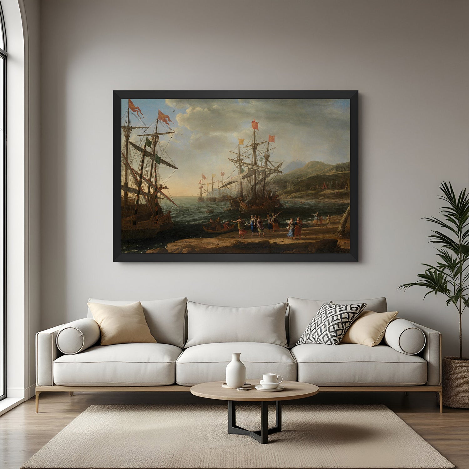 Black-framed canvas print of coastal war scene with scared people and historic ship—aged vintage decor