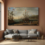 Ancient battle ship near the coast with villagers fleeing—vintage canvas wall art with dramatic scene
