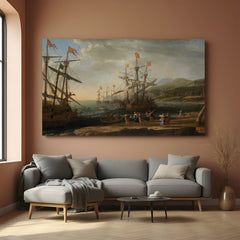 Ancient battle ship near the coast with villagers fleeing—vintage canvas wall art with dramatic scene