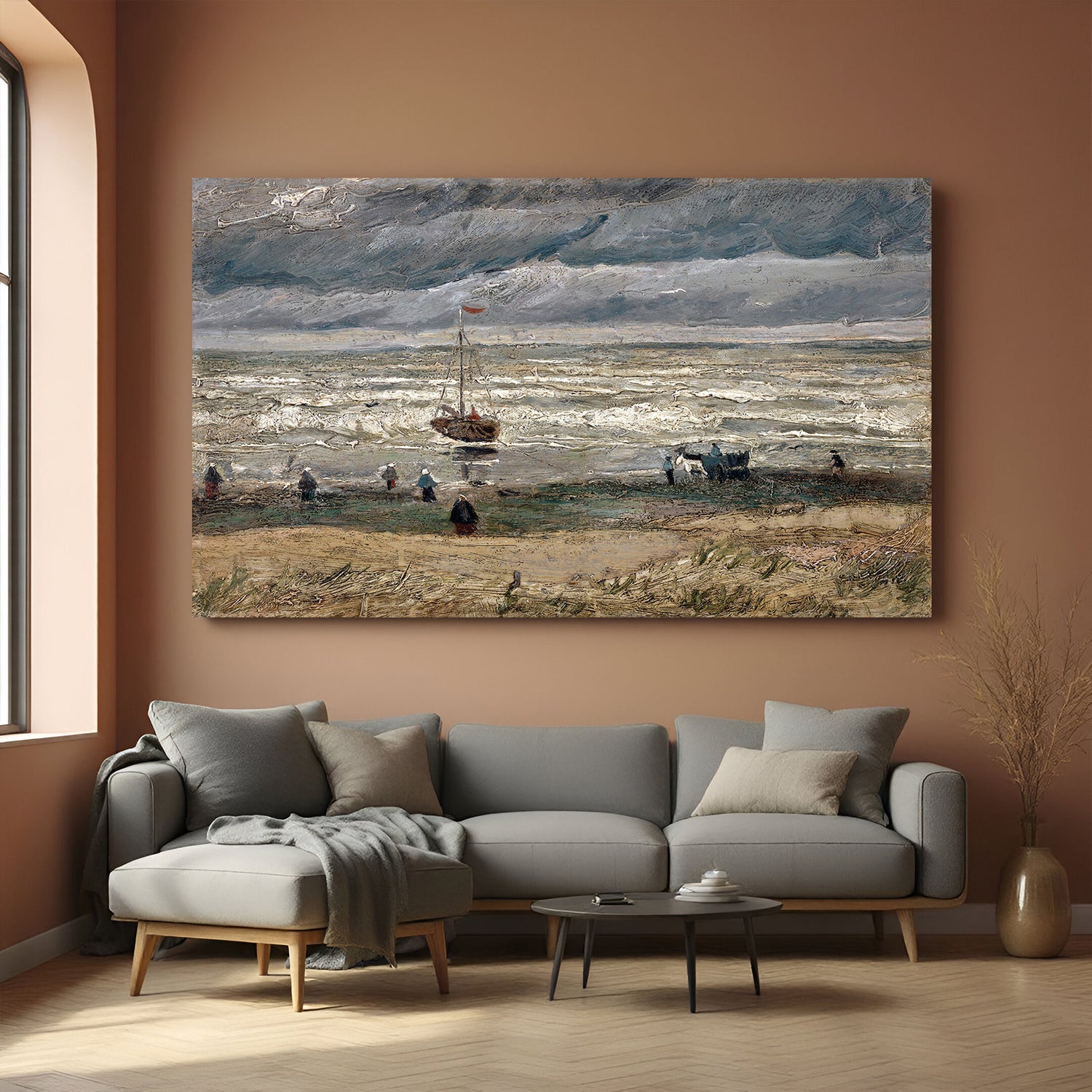 Vintage canvas wall art of beach scene with people, boat in sea, and dark clouds—ancient coastal decor